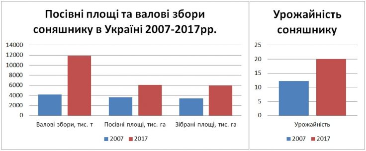 Посівні площіта валові збори соняшнику в Україні 2007-2017рр.